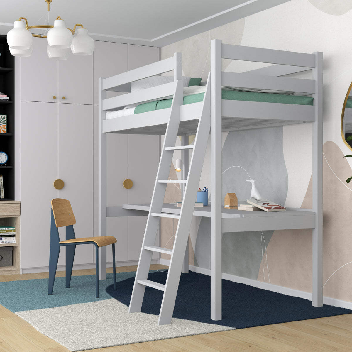 Letto a soppalco con scrivania in legno grigio – scala e sponda di protezione