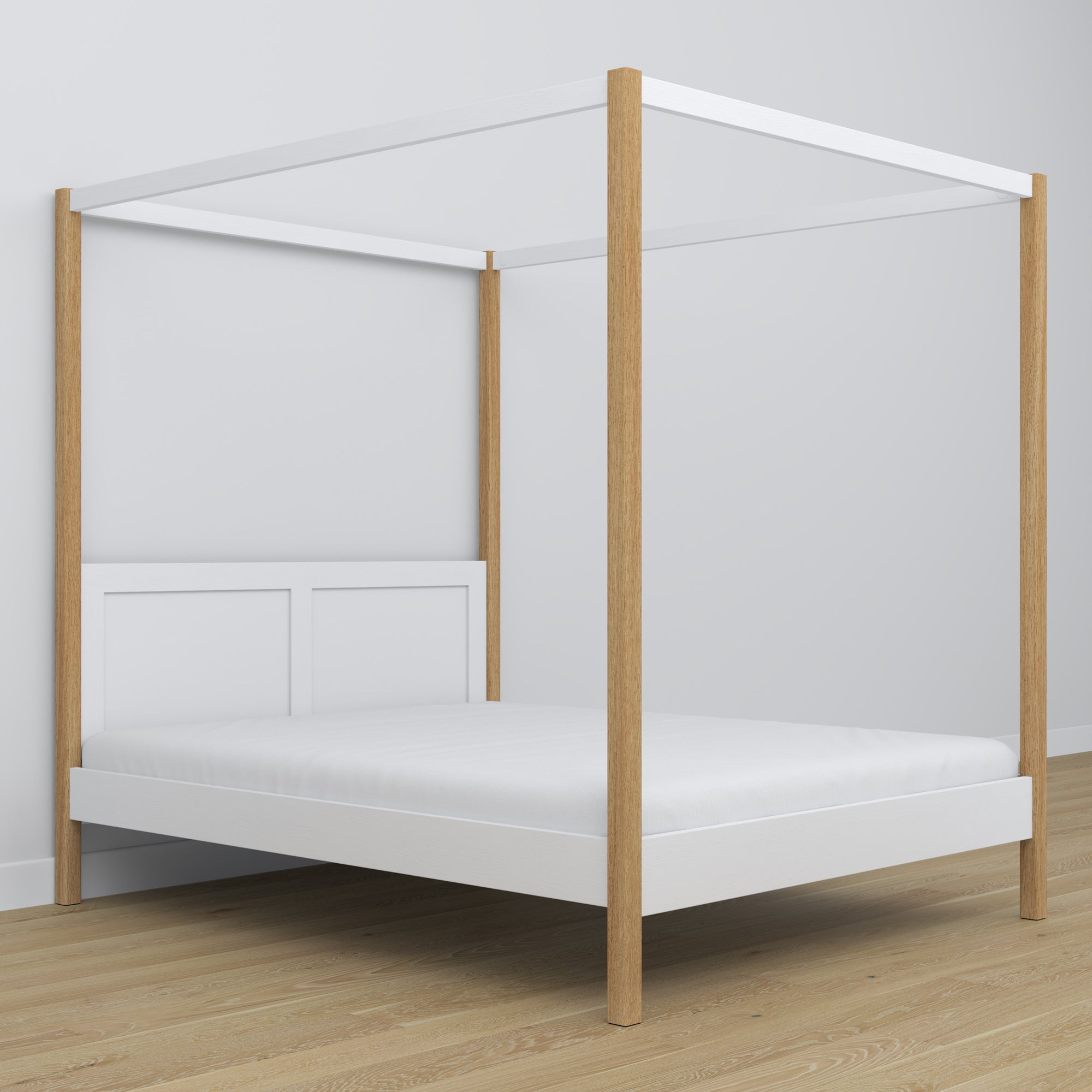 Letto matrimoniale bianco-quercia con baldacchino – cornice decorativa in legno, scandi