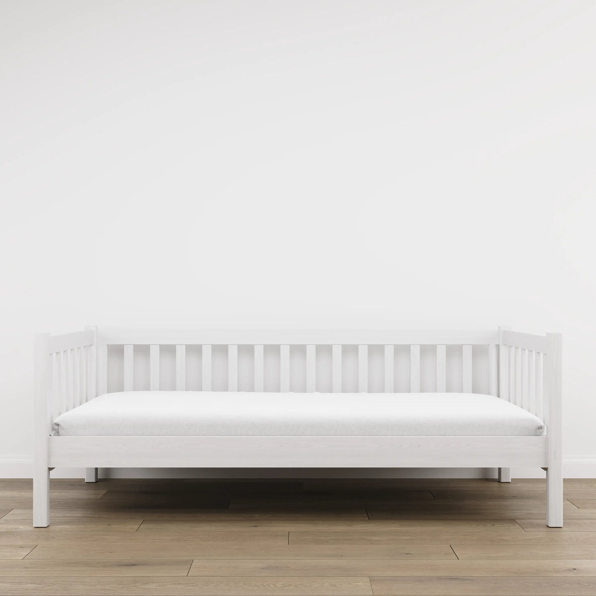 Letto divano in legno bianco – vista laterale, volume del mobile del mobile e proporzioni del mobile