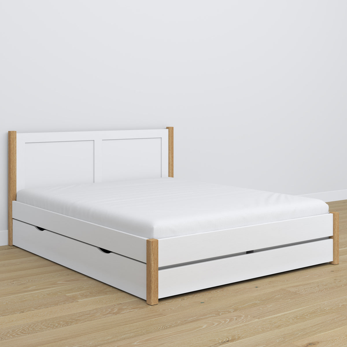 Doppelbett Weiß-Eiche mit Schublade – Kopfteil aus Holz, Nahaufnahme