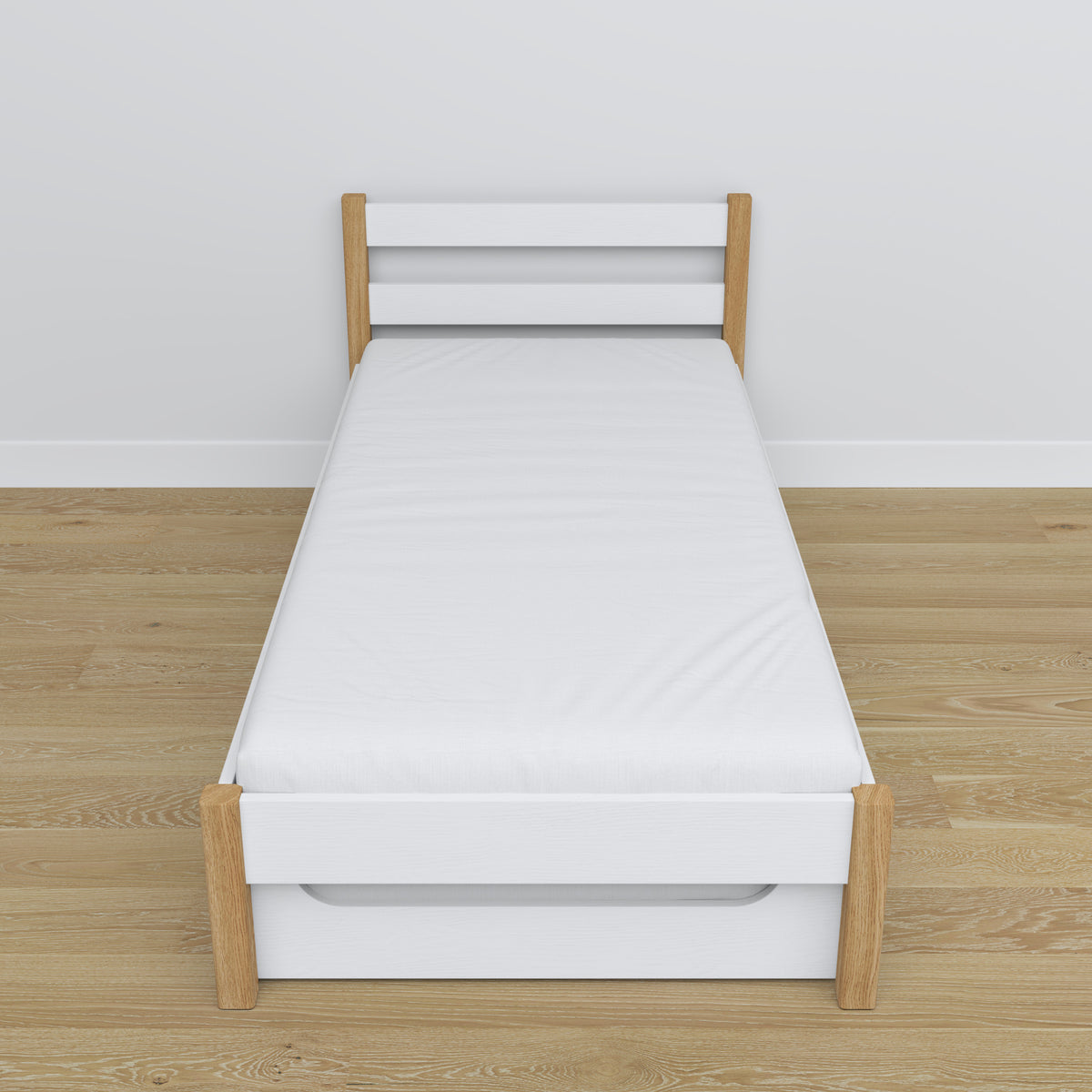 Letto bianco-quercia – cassetto per materasso, dettagli in legno, Nizio Home