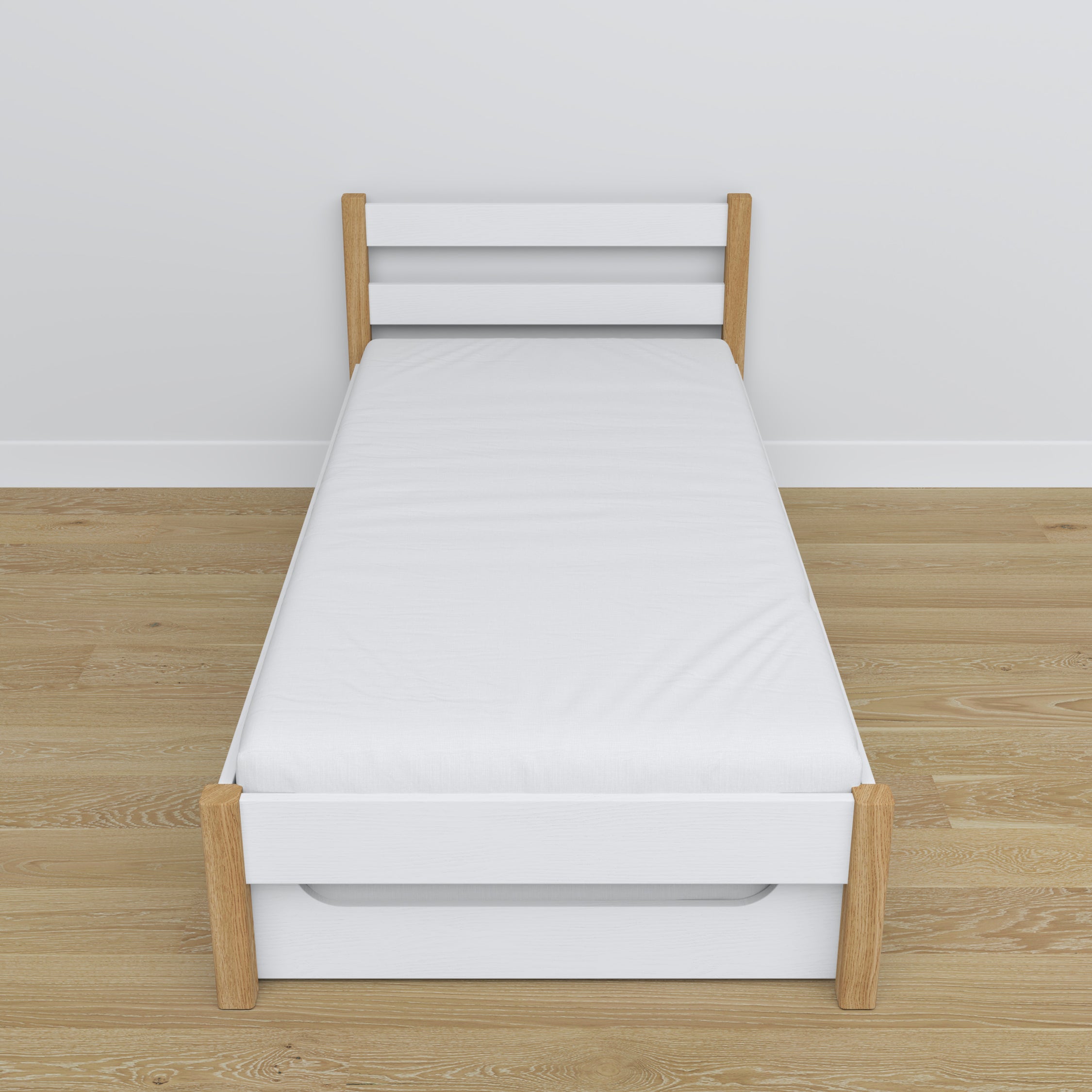 Letto bianco-quercia – cassetto per materasso, dettagli in legno, Nizio Home