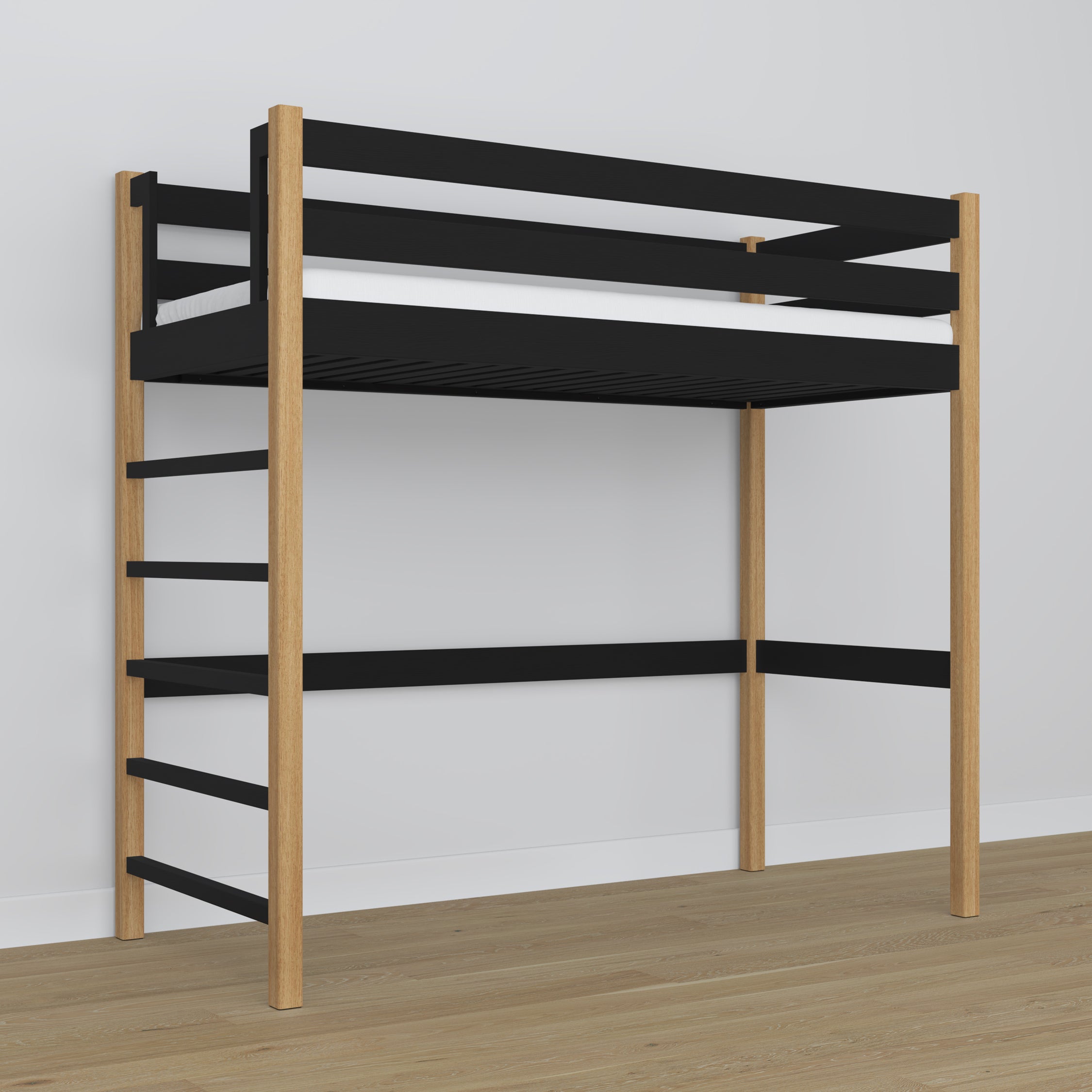 Hochbett schwarz-eiche aus Holz – Abmessungen und Schema, Nizio