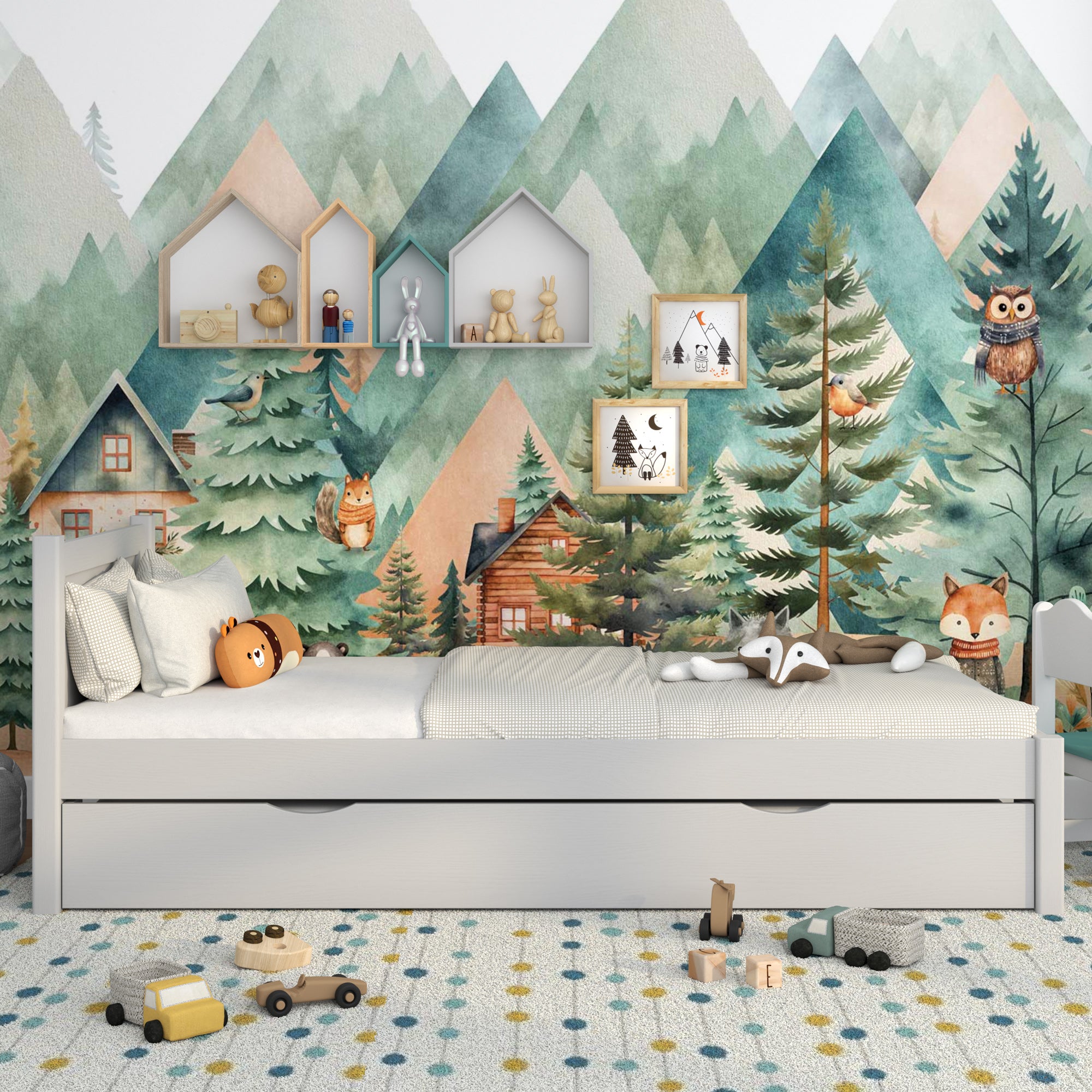 Letto grigio con cassetto per materasso – vista laterale, in legno, Nizio Home