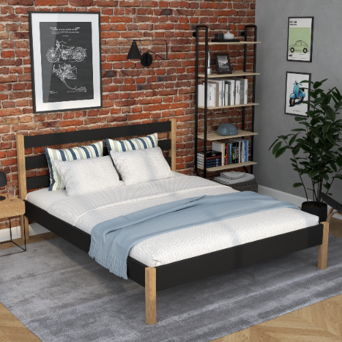 Lit double noir-chêne w chambre – décoration avec literie, style scandinave