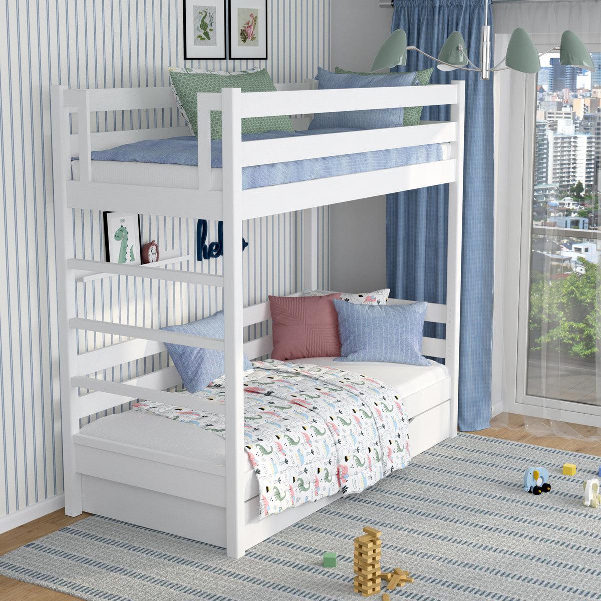Lit superposé blanc pour enfants – dwie chambree i tiroir, en bois