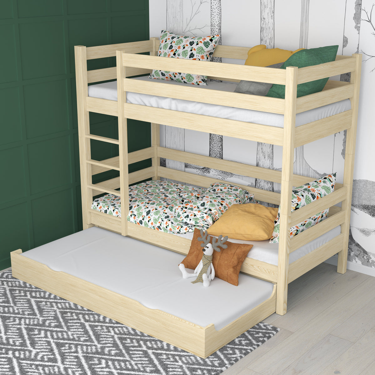 Lit superposé pin incolore pour enfants – tiroir na matelas, en bois, Nizio
