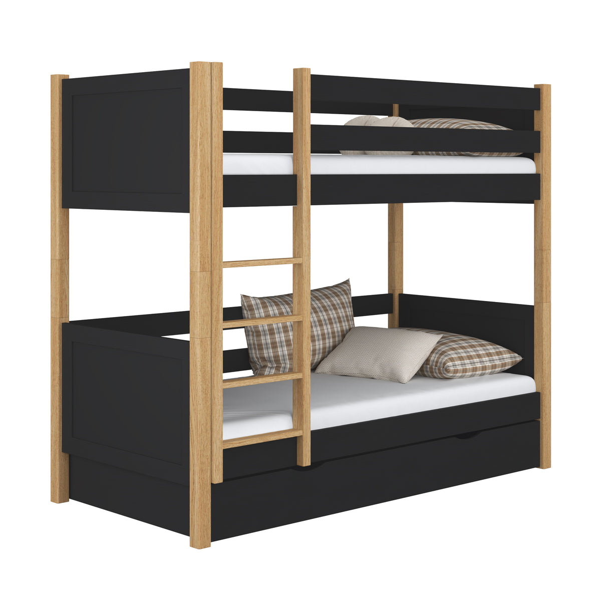 Letto a castello in legno nero-quercia – cassetto aperto, capiente vano sotto letto