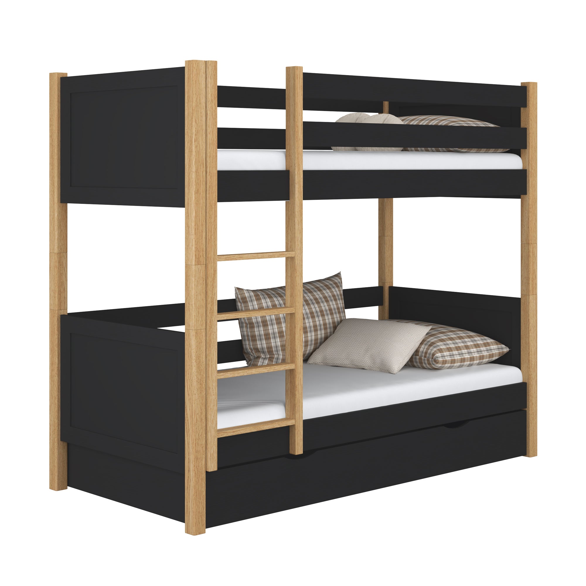 Letto a castello in legno nero-quercia – cassetto aperto, capiente vano sotto letto