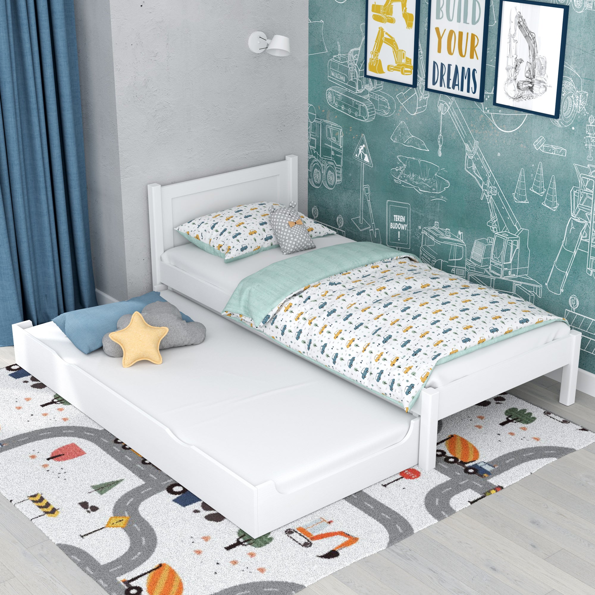 Lit avec tiroir pour matelas en bois blanc – tiroir sorti, invité