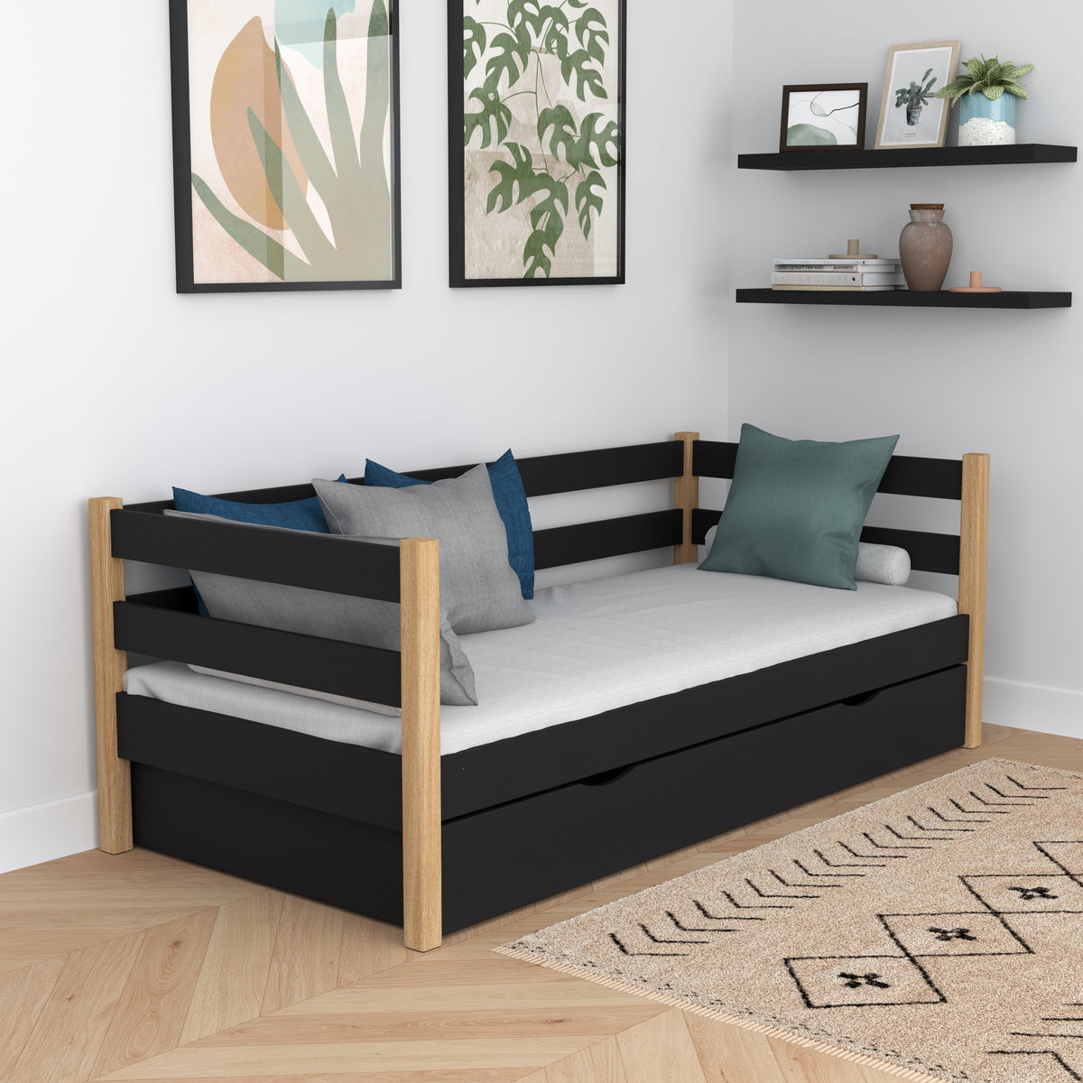 Sofa bed black-oak – wooden side barrier, side view, Nizio