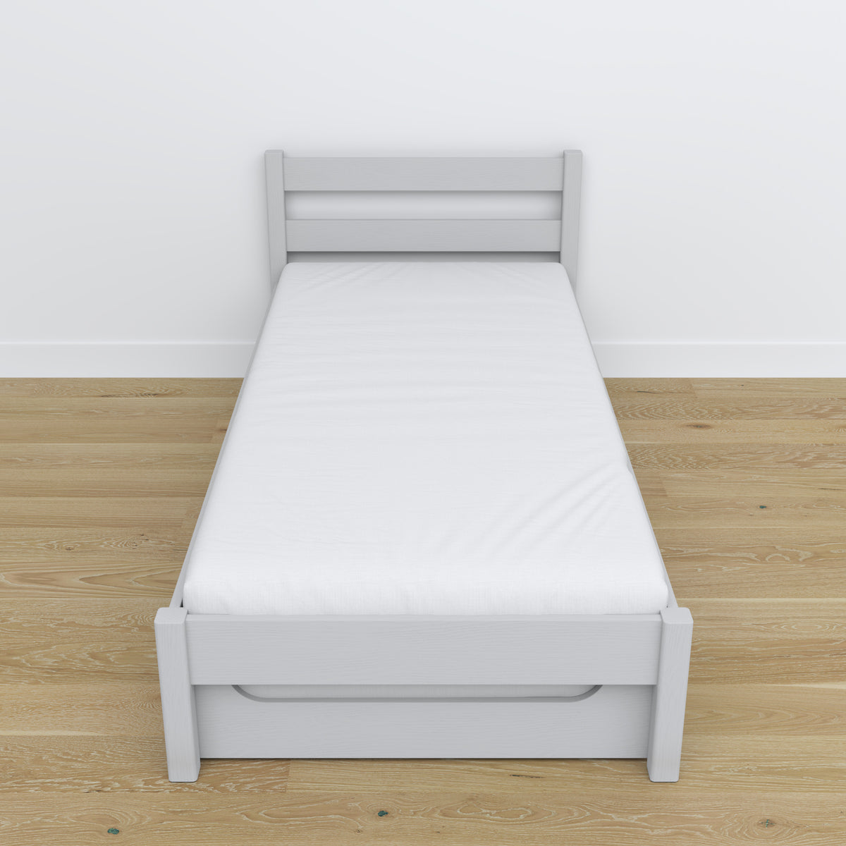 Letto grigio – cassetto per materasso, dettagli in legno, Nizio Home