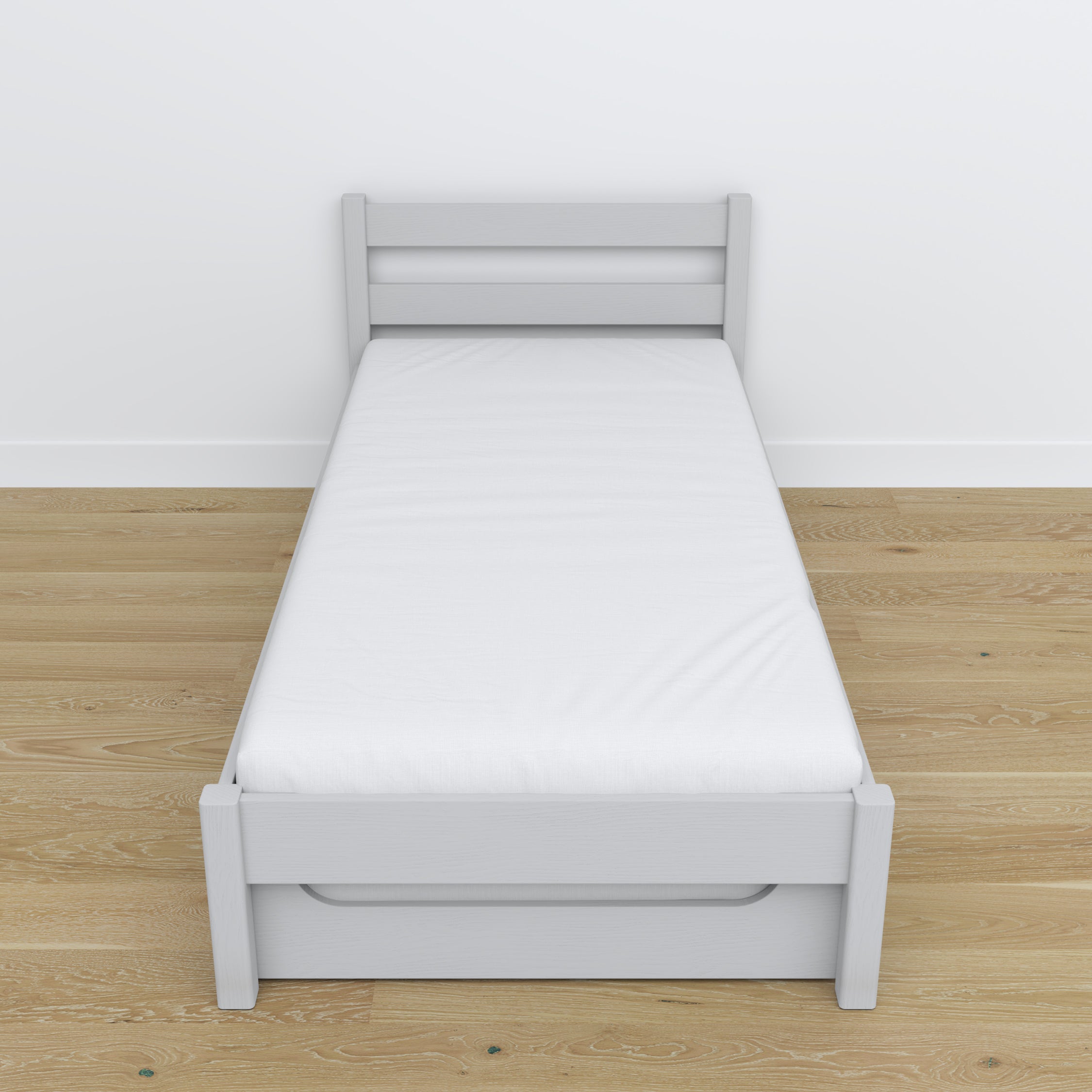 Letto grigio – cassetto per materasso, dettagli in legno, Nizio Home