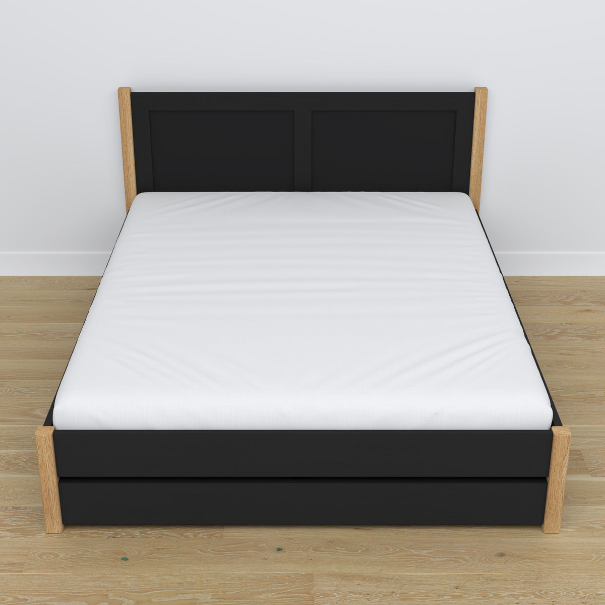 Double bed with wooden drawer black with oak – angled view, scandi bedroom