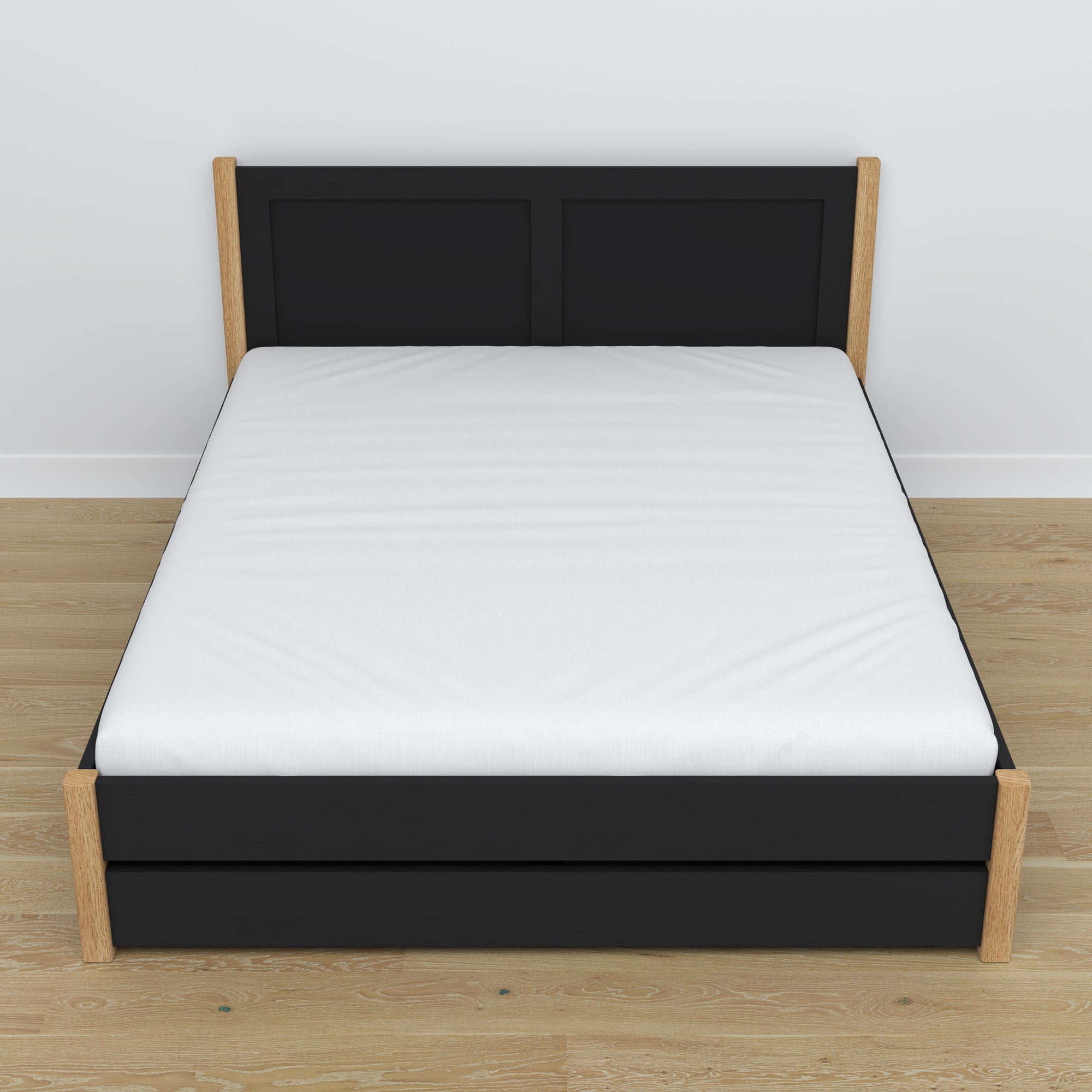 Double bed with wooden drawer black with oak – angled view, scandi bedroom