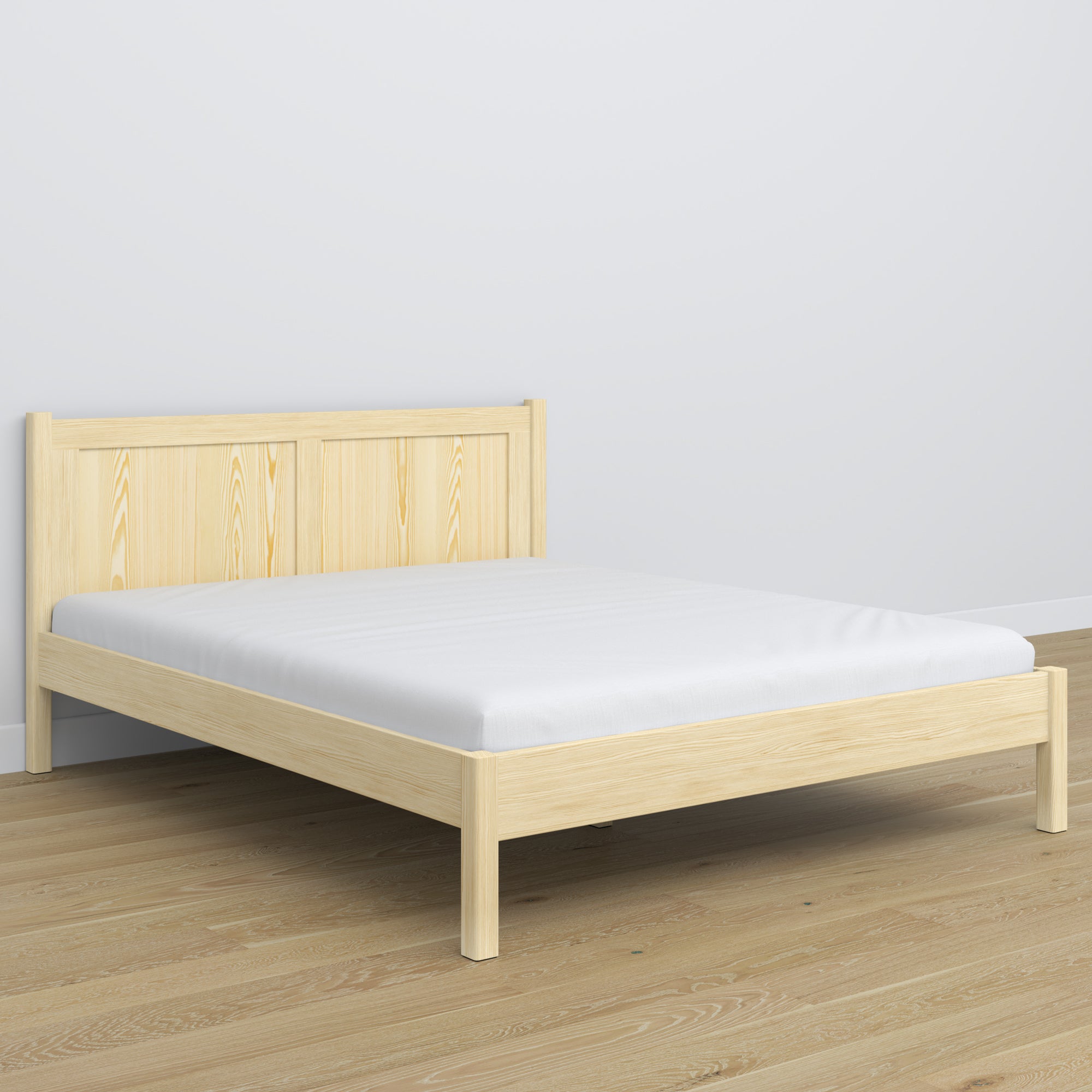 Lit double pin incolore – tête de lit en bois, gros plan sur la qualité du bois