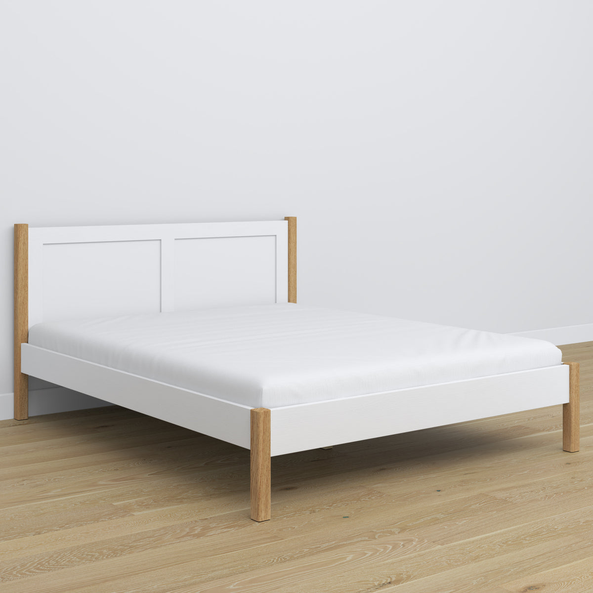 Lit double blanc-chêne – tête de lit en bois, gros plan sur la qualité du bois