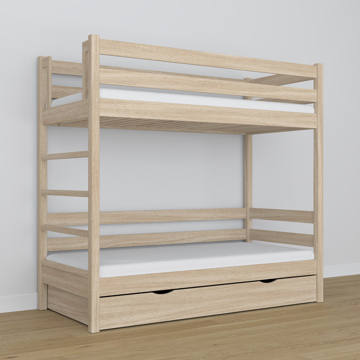 Lit superposé avec tiroir chêne blanchi en chêne – design scandinave, Nizio