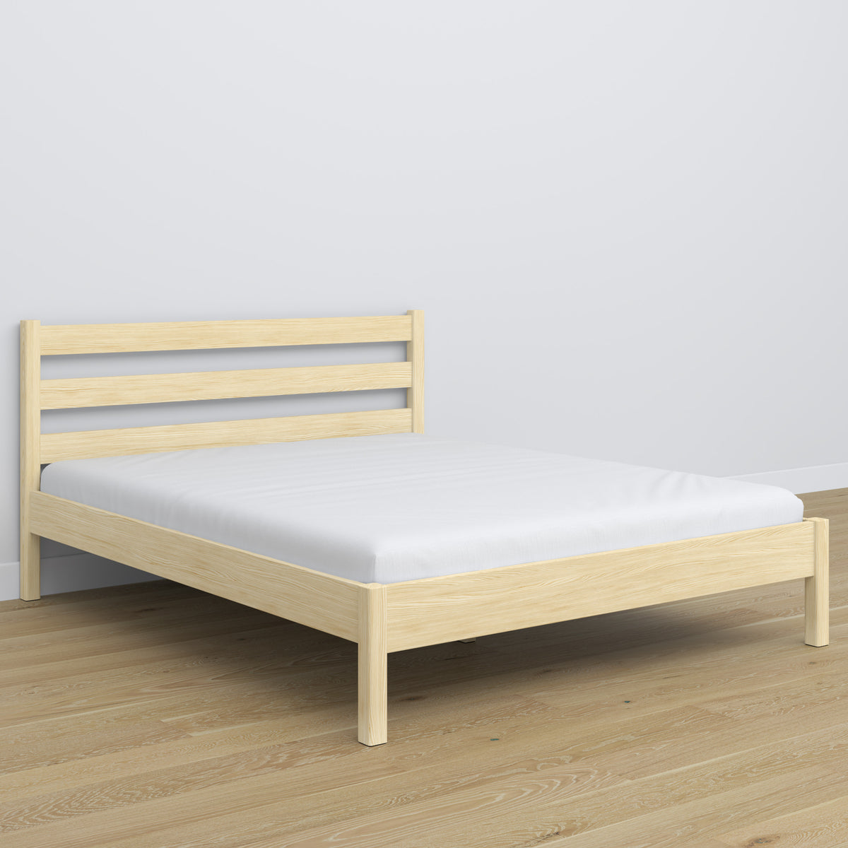 Lit double pin incolore – tête de lit en bois, gros plan sur la qualité du bois