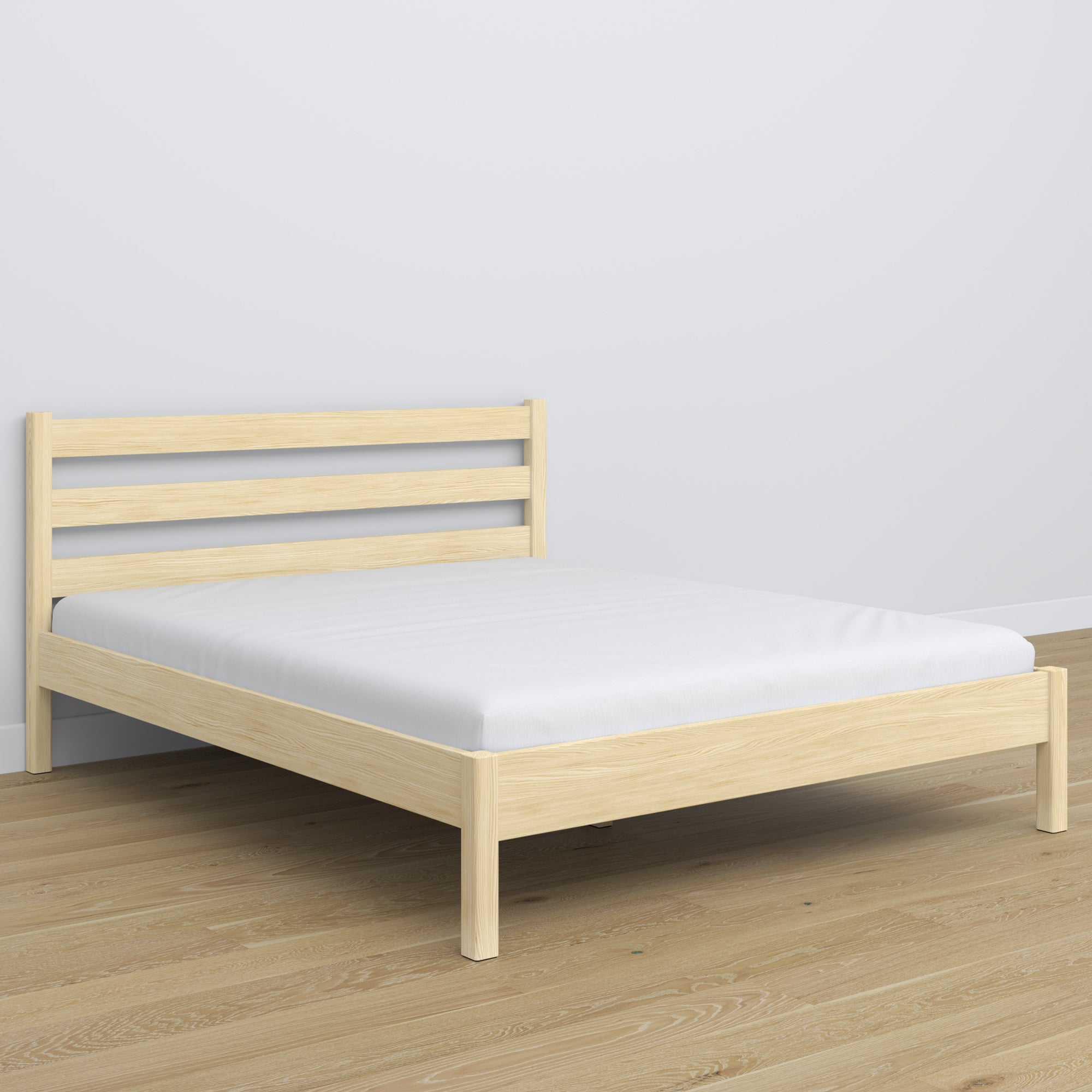 Lit double pin incolore – tête de lit en bois, gros plan sur la qualité du bois