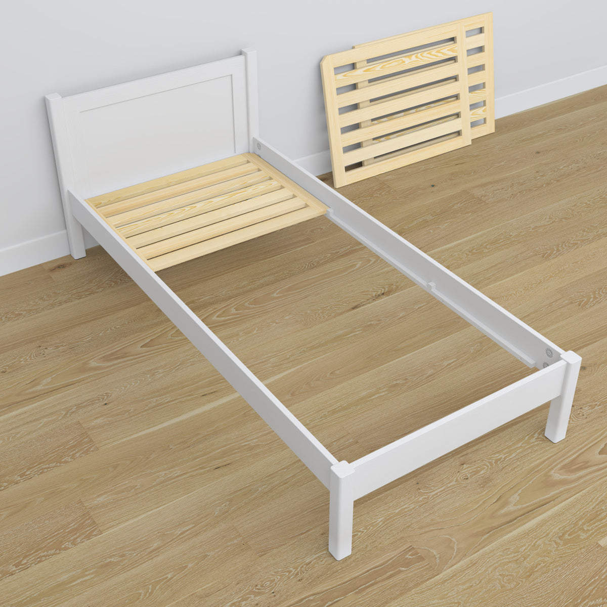 Wooden bed with drawer white – headboard, close-up of wood quality
