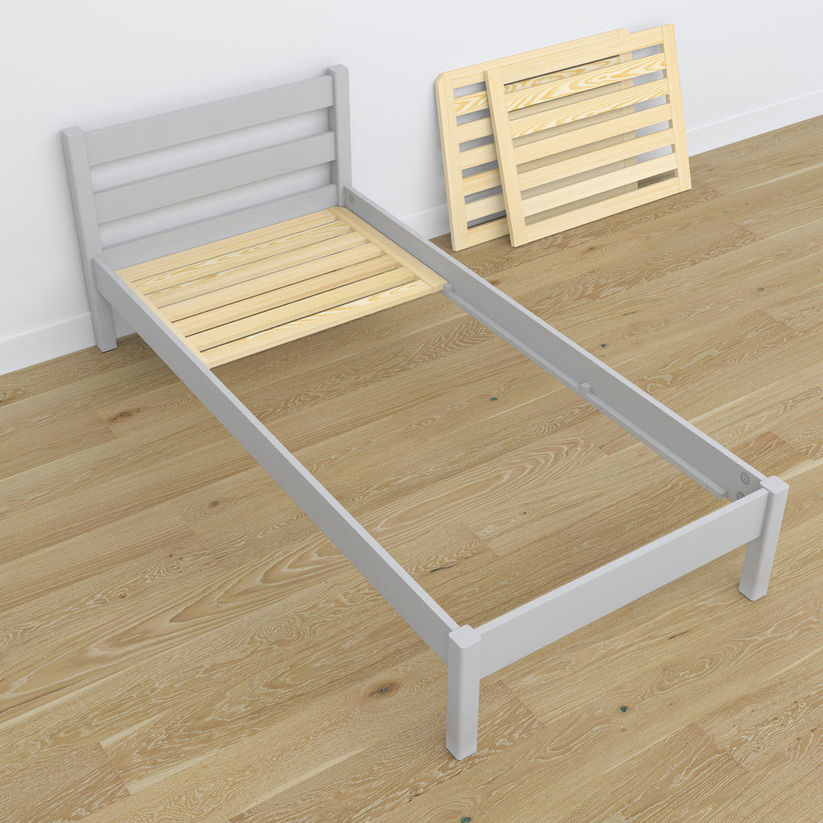 Einzelbett aus Holz Aschgrau – Schrägansicht, Scandi-Kinderzimmer