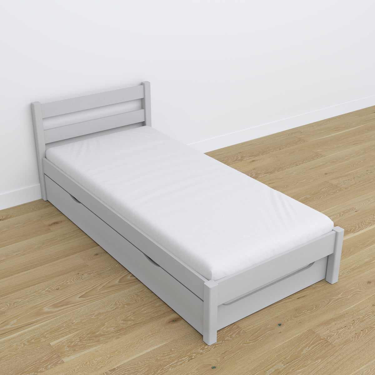 Letto con cassetto per materasso grigio in legno – dimensioni, Nizio