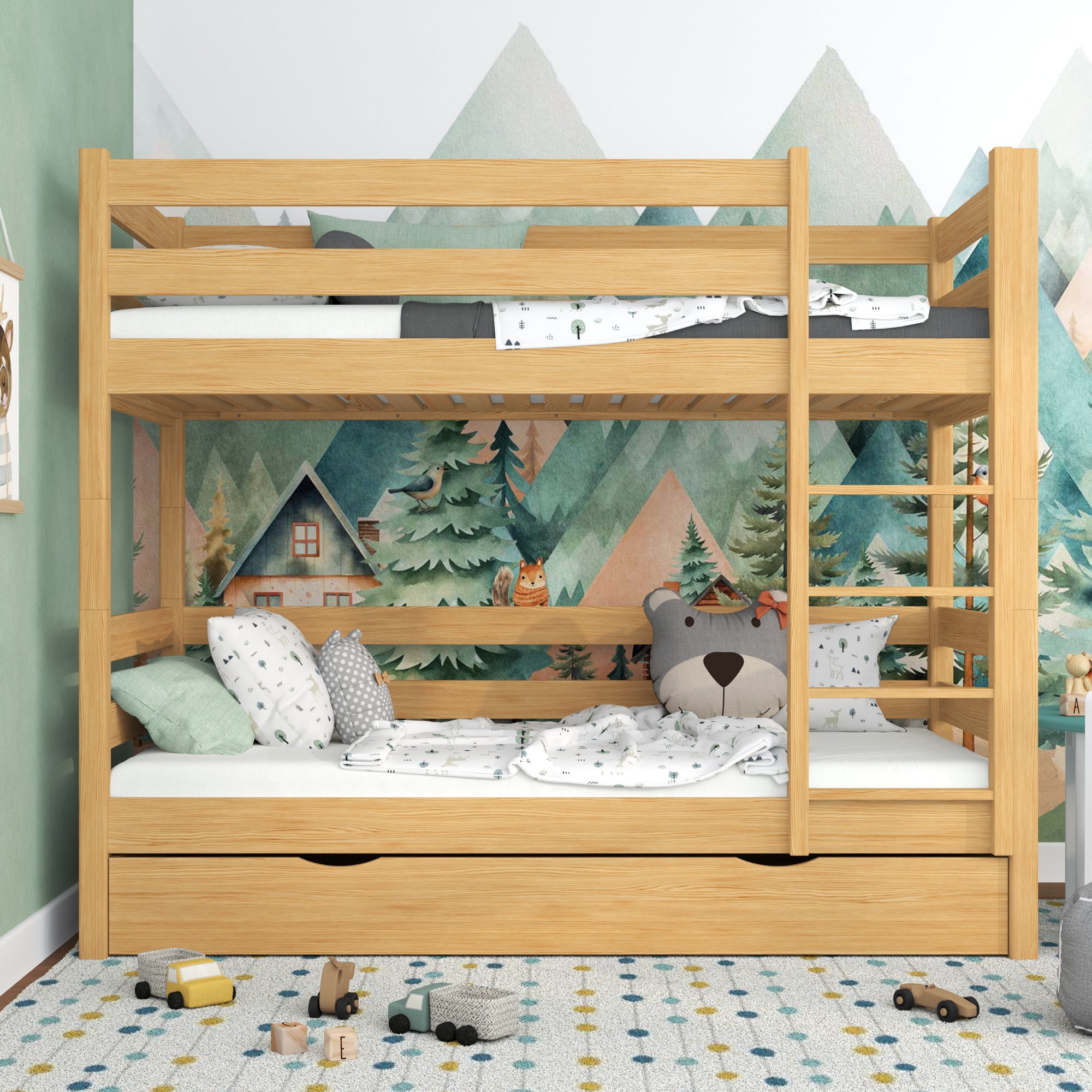Natural Pine Bunk Bed with Drawer – Wooden Safety Rail and Ladder, Nizio