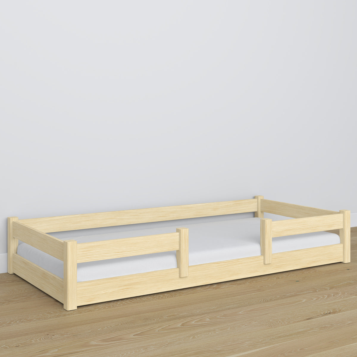 Niedriges Bett Kiefer farblos – Holzkopfteil, Nahaufnahme der Holzqualität