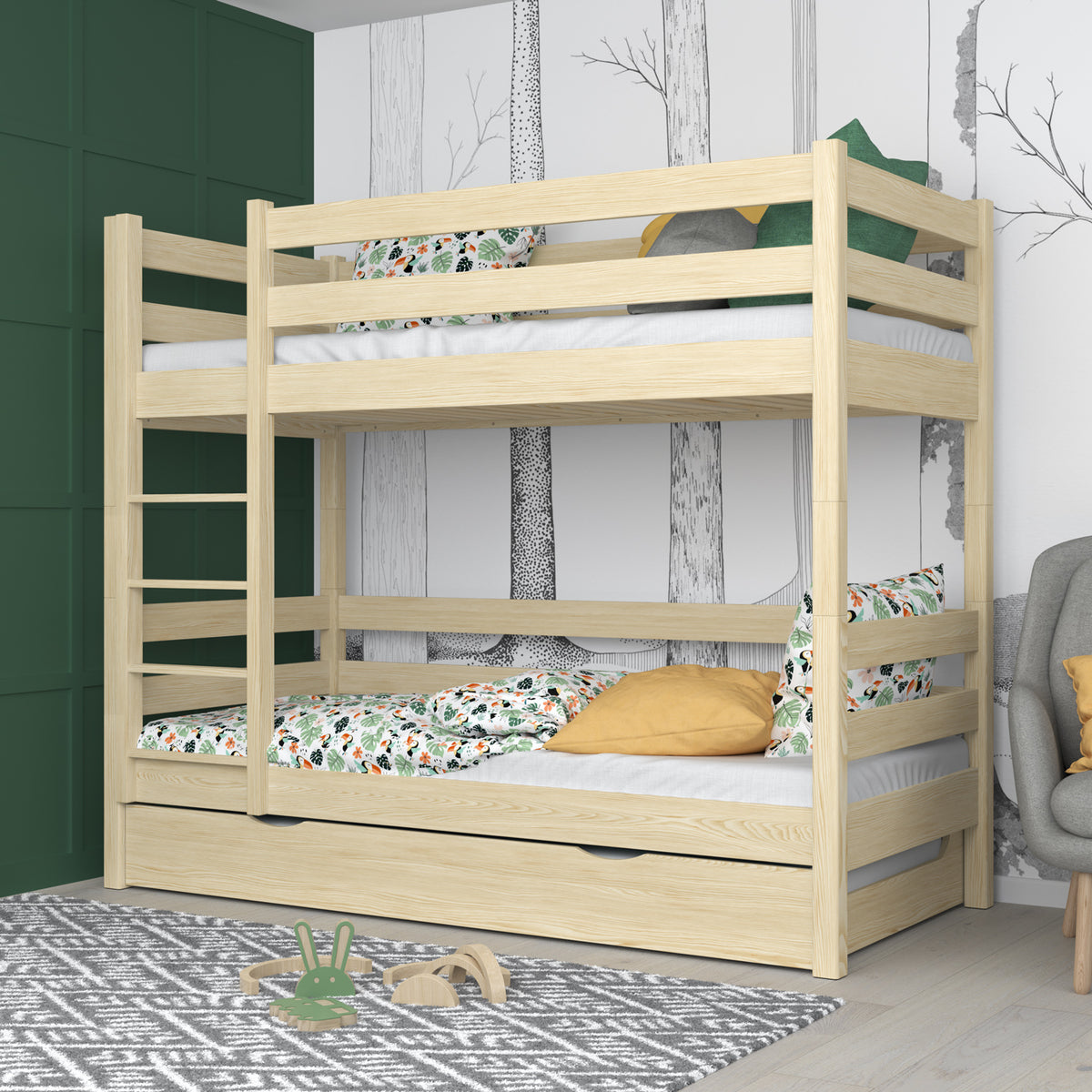 Lit superposé en bois pin incolore – échelle, barrières, tiroir na dodatkowy matelas