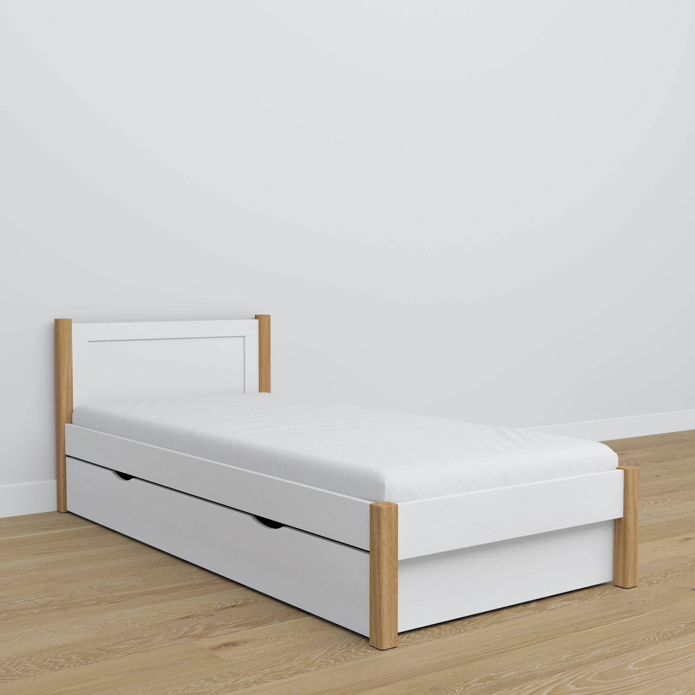 Lit avec tiroir en bois blanc-chêne – chambre d'enfant, décoration scandinave