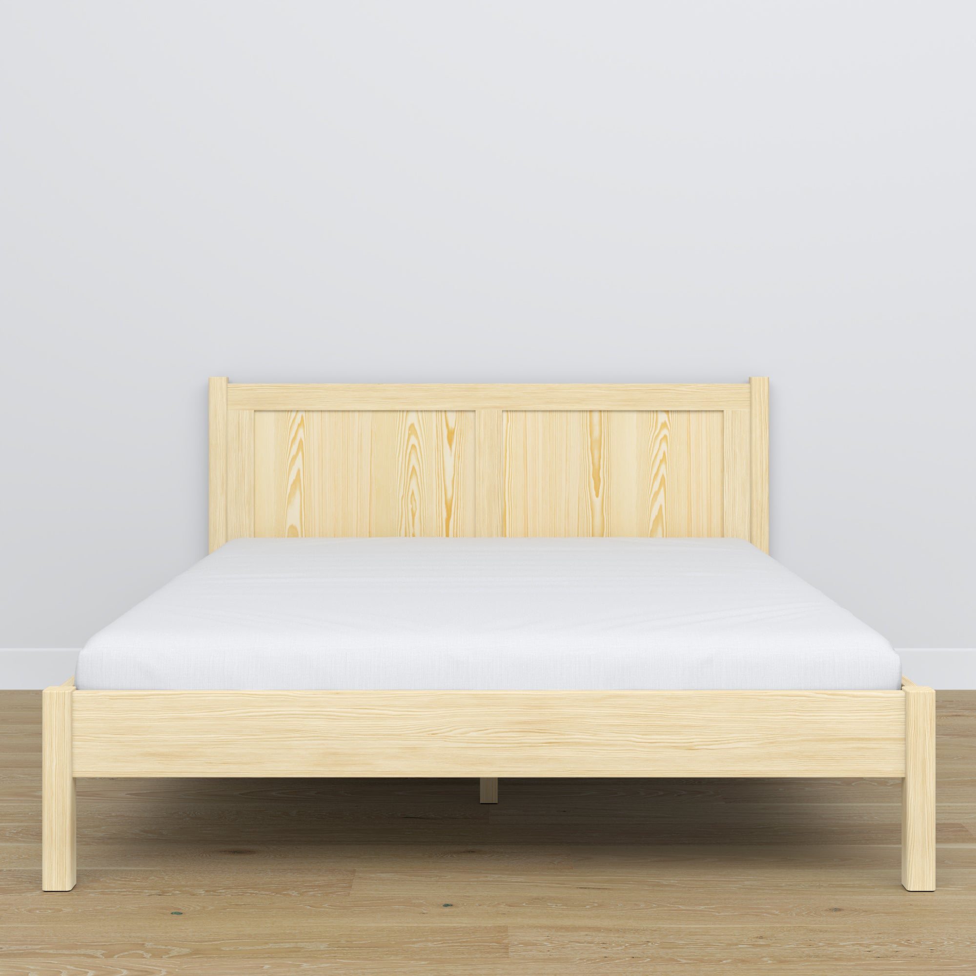 Lit double en bois pin incolore – vue de côté, proportions et forme, chambre