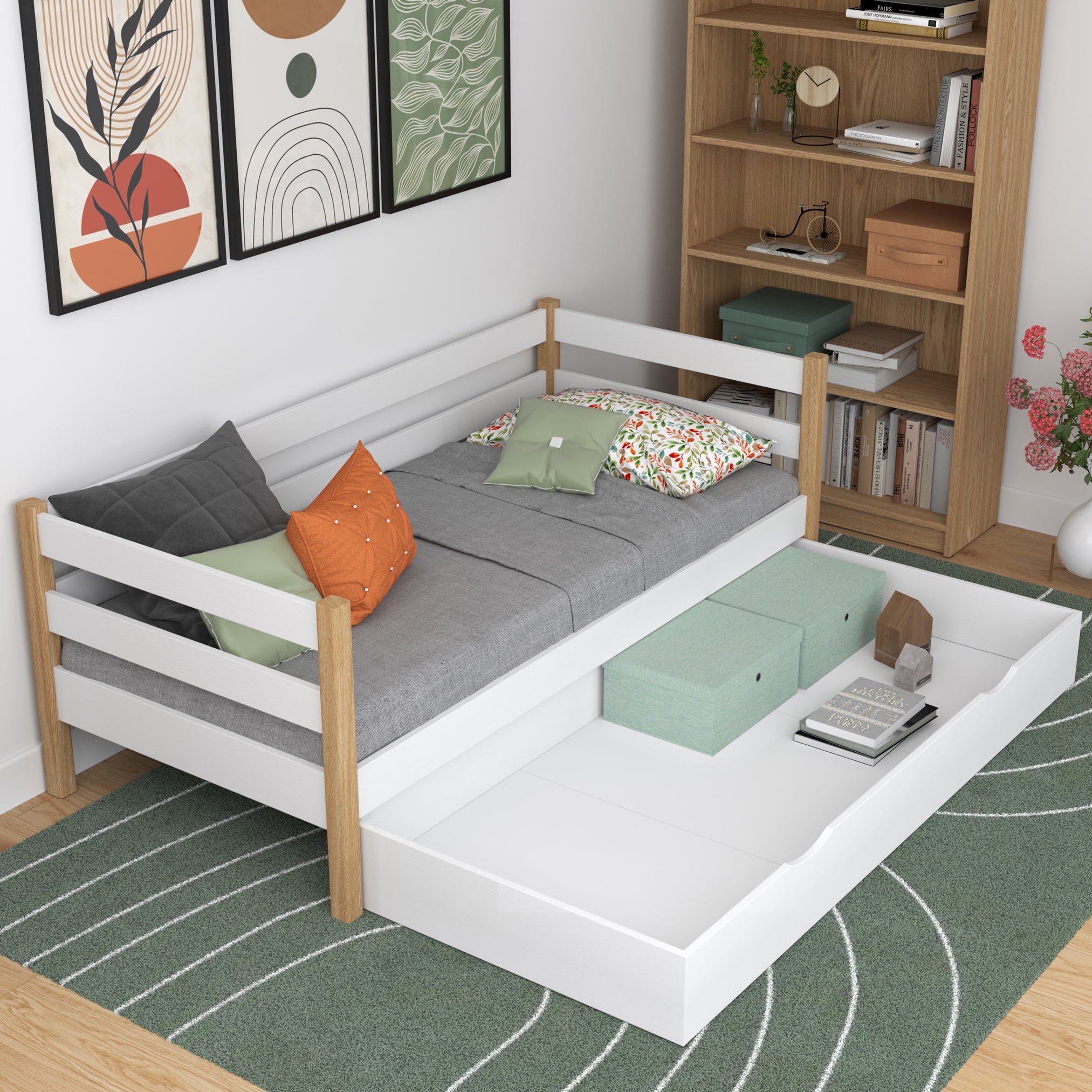 Sofa-Bett weiß-Eiche mit Schublade – geräumiges Staufach, Holz, Nizio