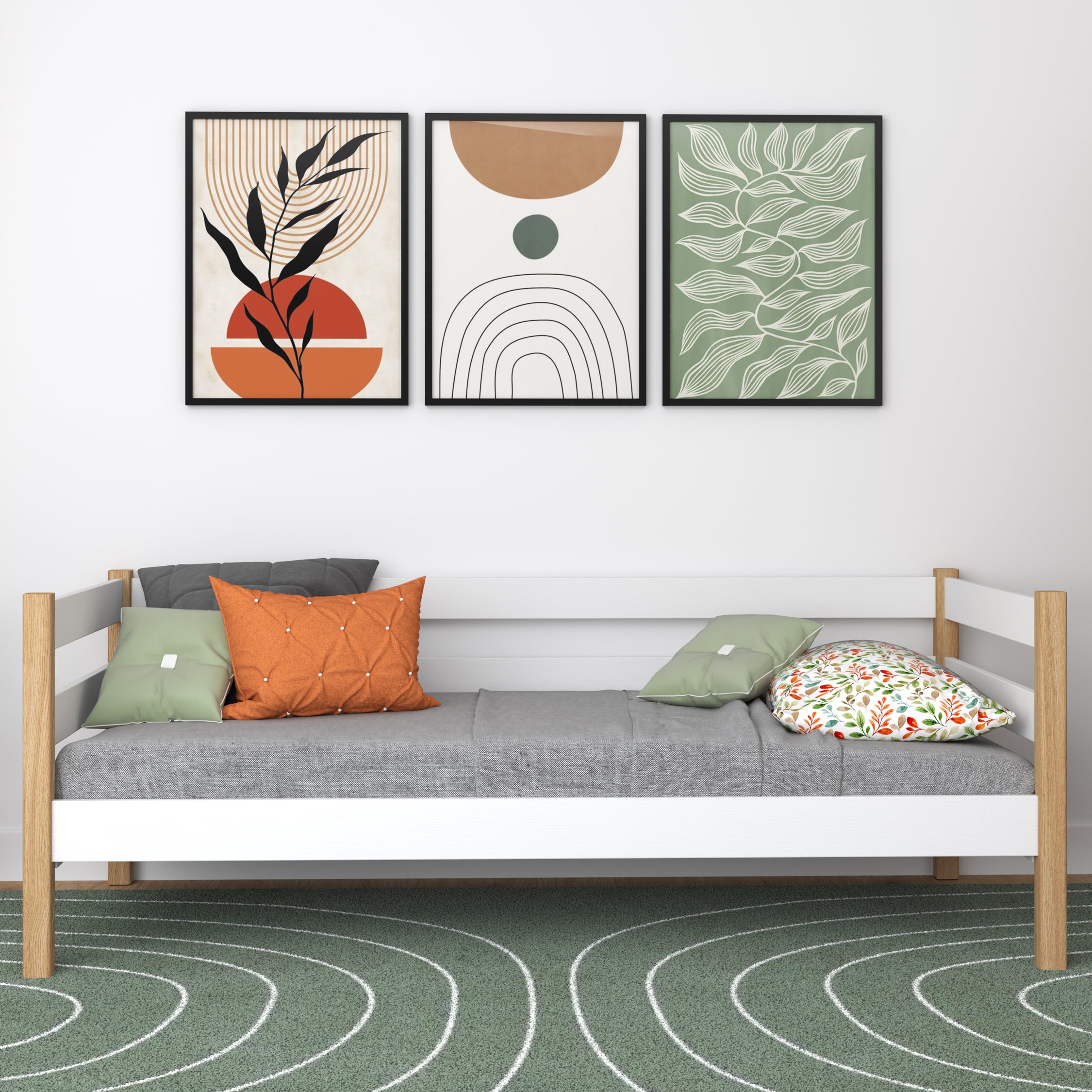 Sofa bed white-oak – wooden side barrier, safety for children