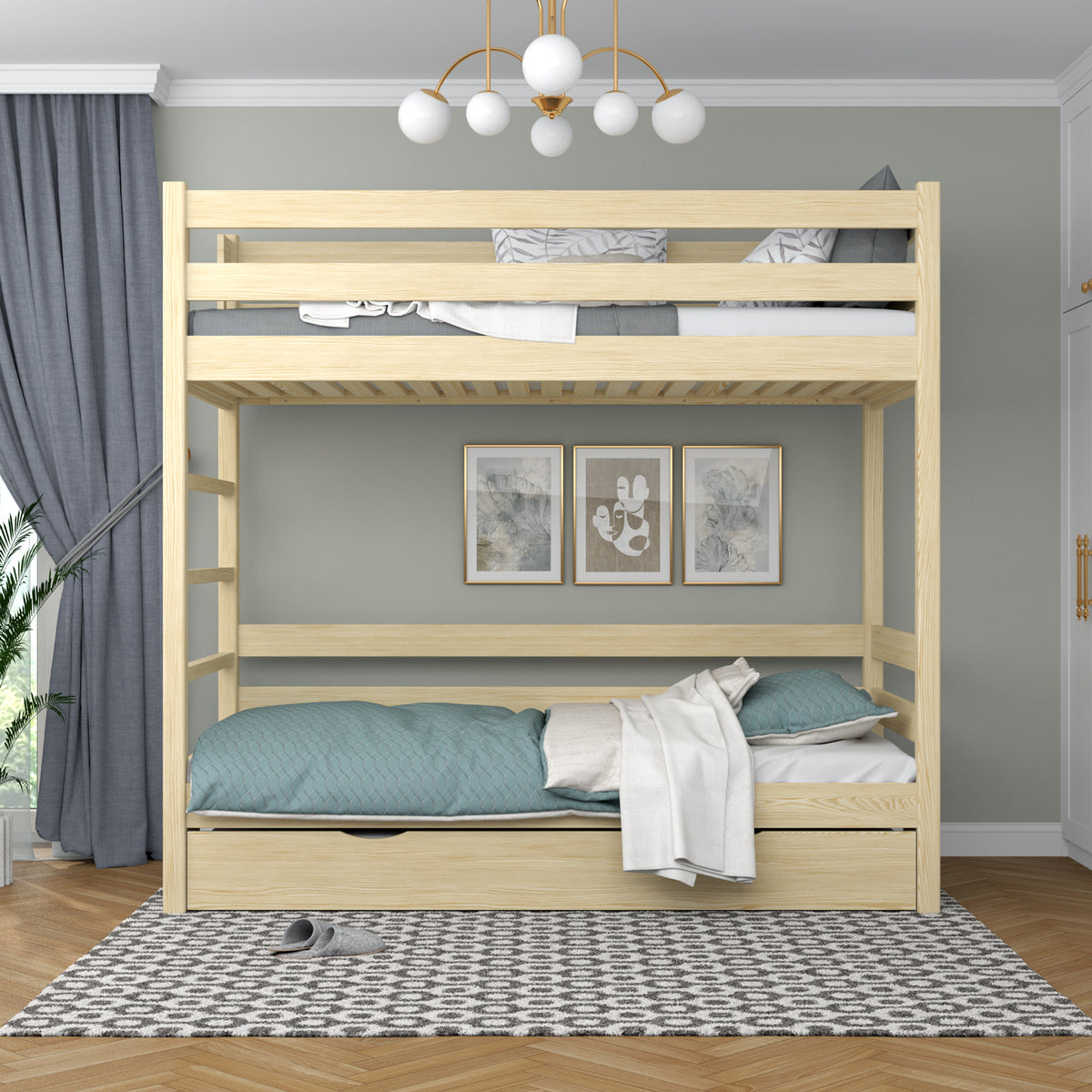 Lit superposé en bois pin incolore – échelle, barrières, tiroir na dodatkowy matelas