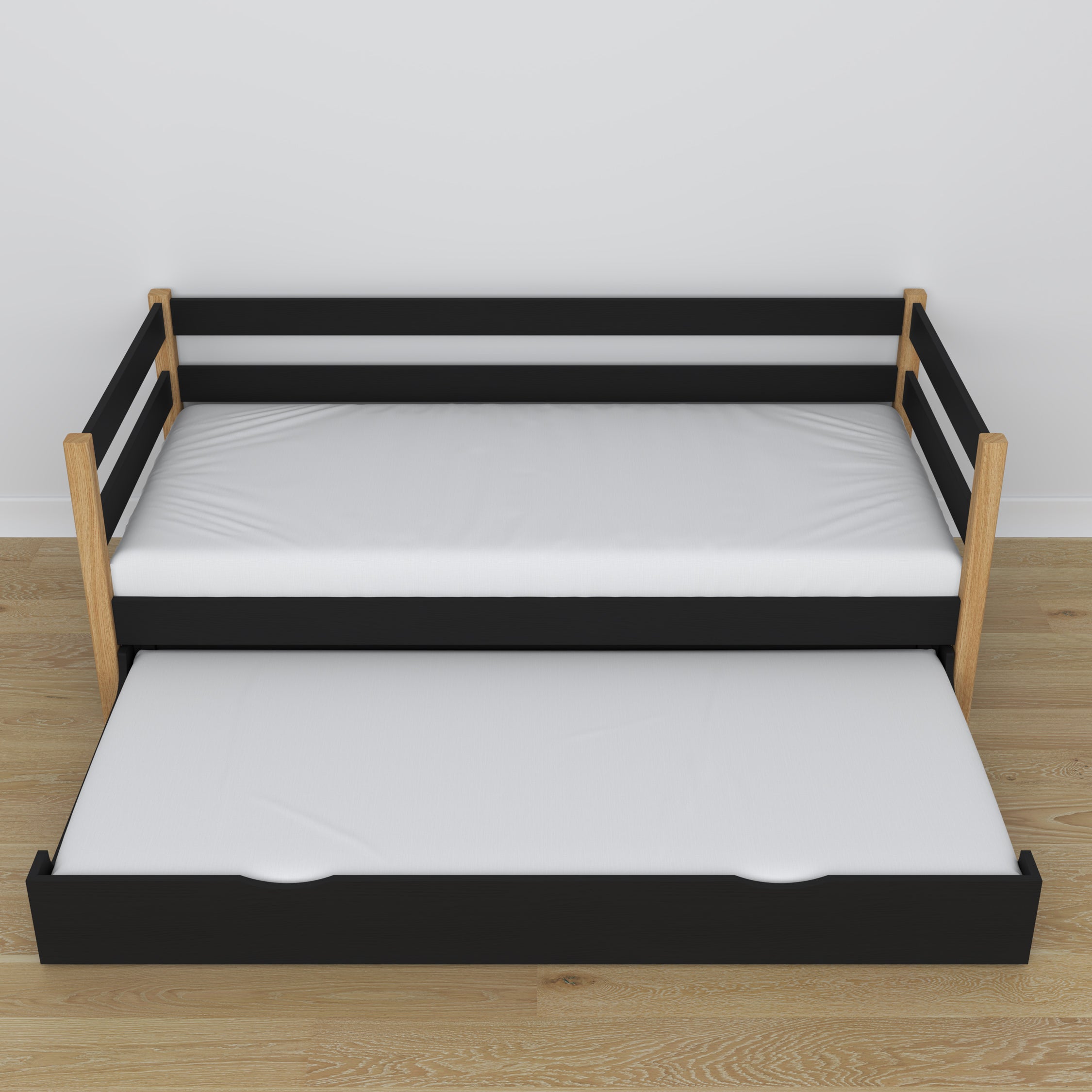 Letto divano con cassetto per materasso nero-quercia in legno – dimensioni, Nizio