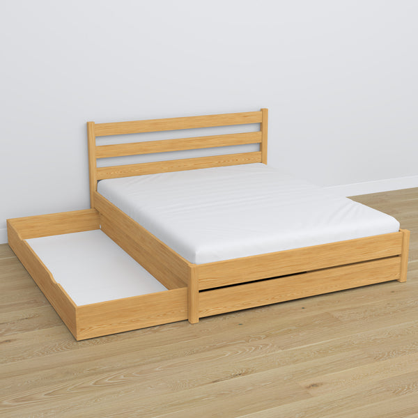 Lit double avec tiroir en bois pin naturel – tiroir ouvert, intérieur spacieux