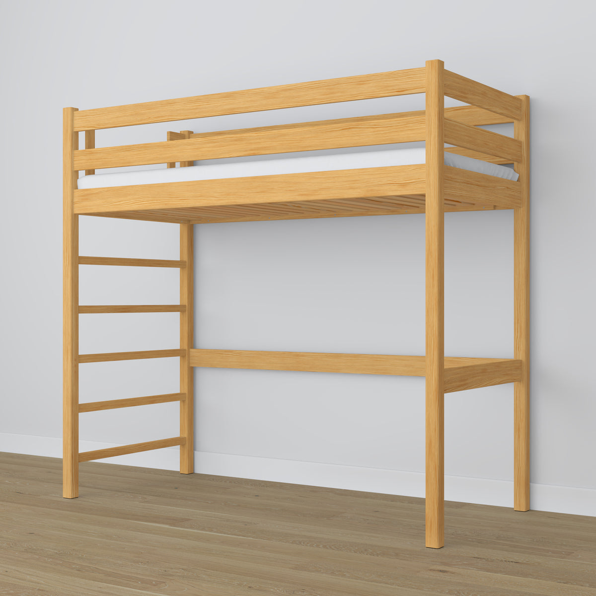 Lit mezzanine en bois pin naturel – sommier à lattes, vue de côté