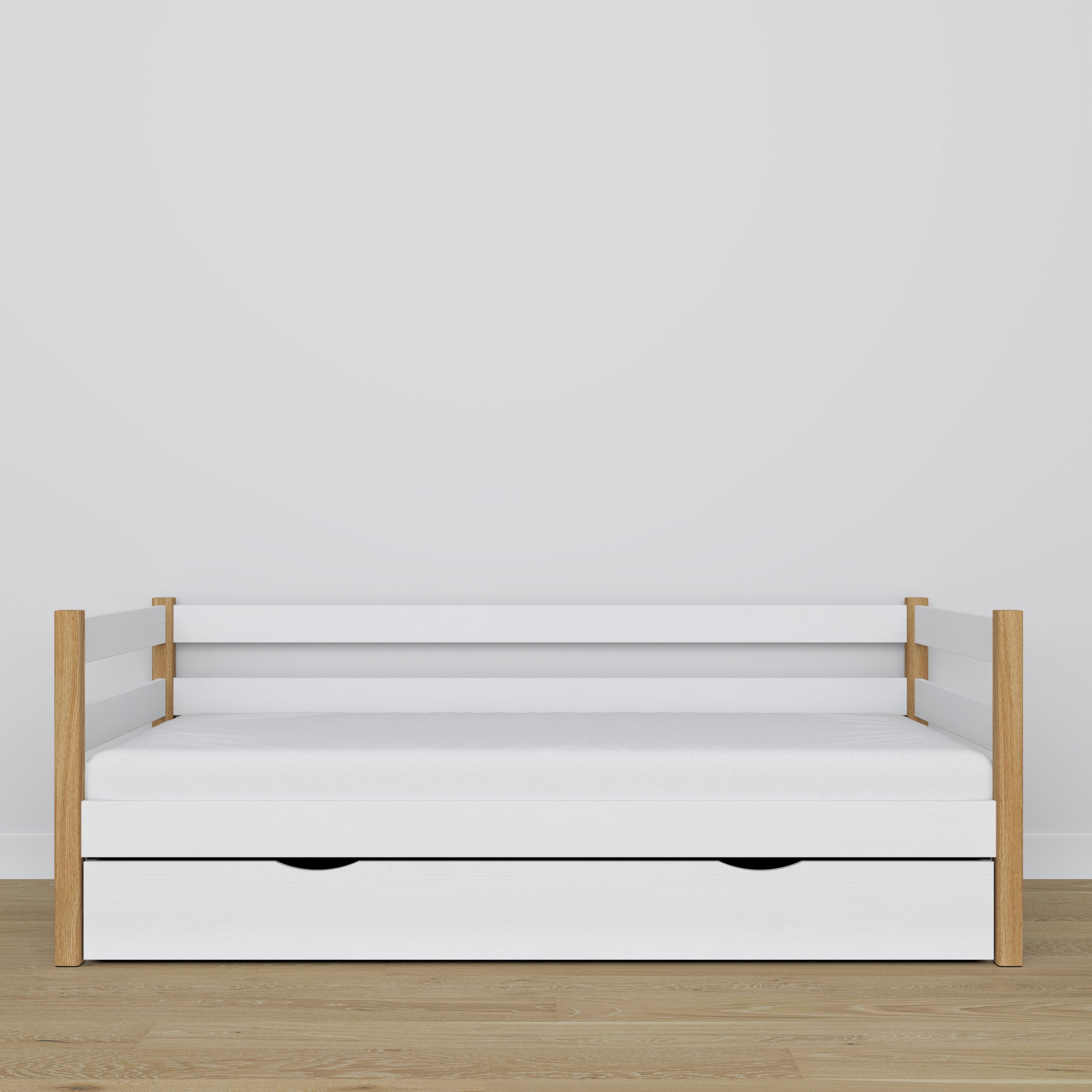 Sofabett mit Schublade weiß-eiche aus Holz – Maße und Schema, Nizio