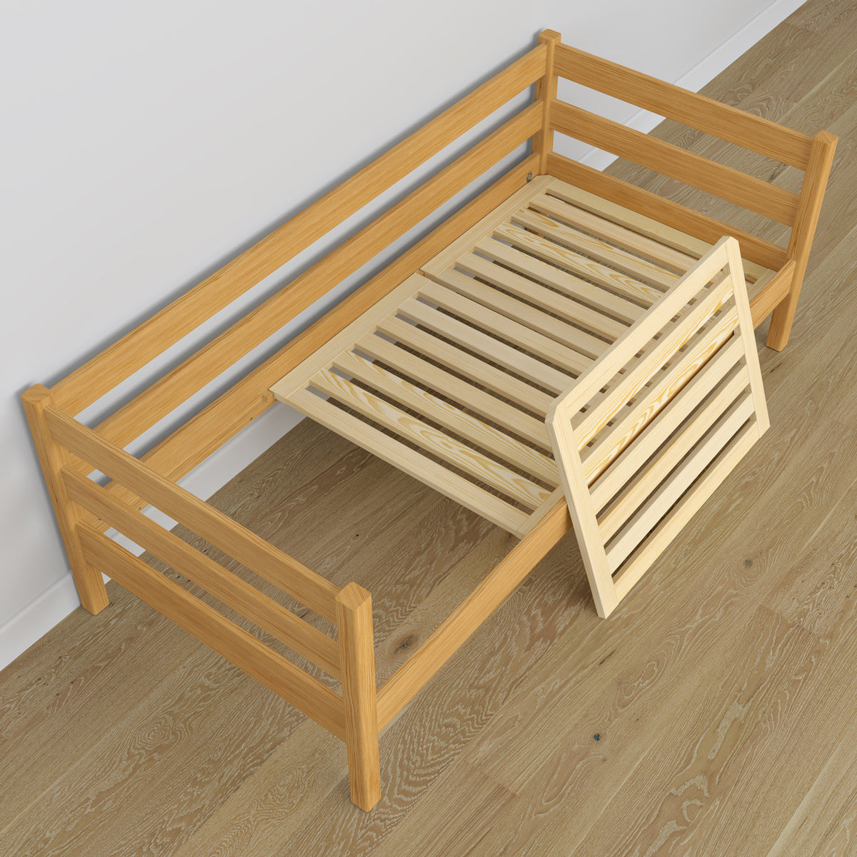 Sofa bed wooden natural pine – angled view, scandi
