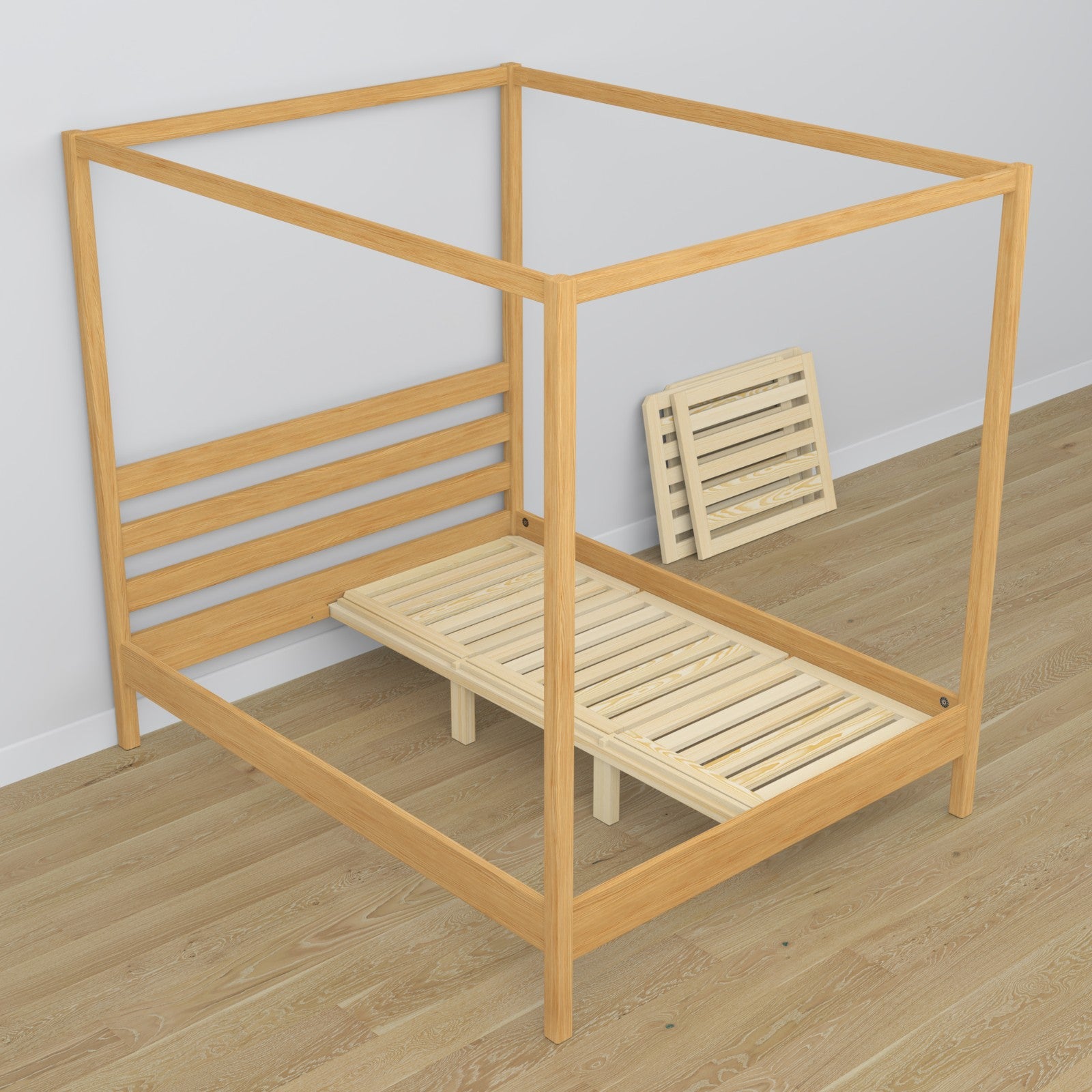 Letto con baldacchino pino naturale in legno – vista laterale, stile scandi