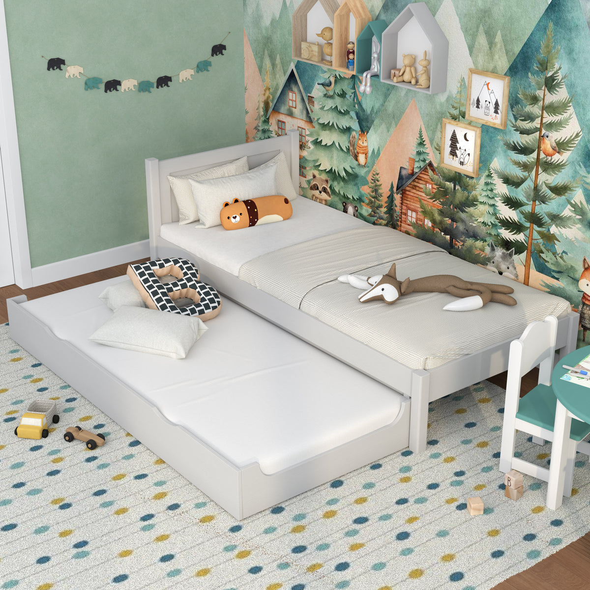 Letto con cassetto per materasso in legno grigio – cassetto estratto, ospite