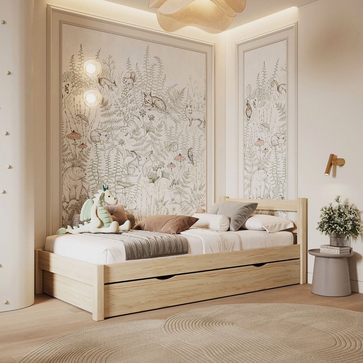 Letto pino trasparente con cassetto – vista laterale, in legno, Nizio Home