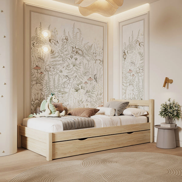 Letto pino trasparente con cassetto – vista laterale, in legno, Nizio Home