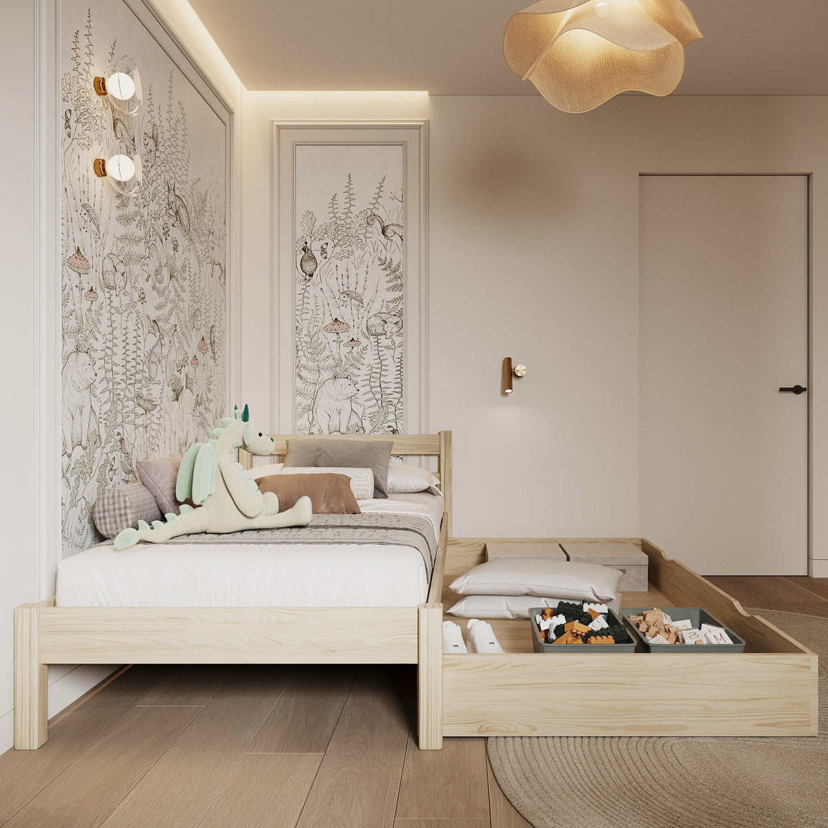 Letto pino trasparente con cassetto – capiente vano, in legno, per bambini Nizio
