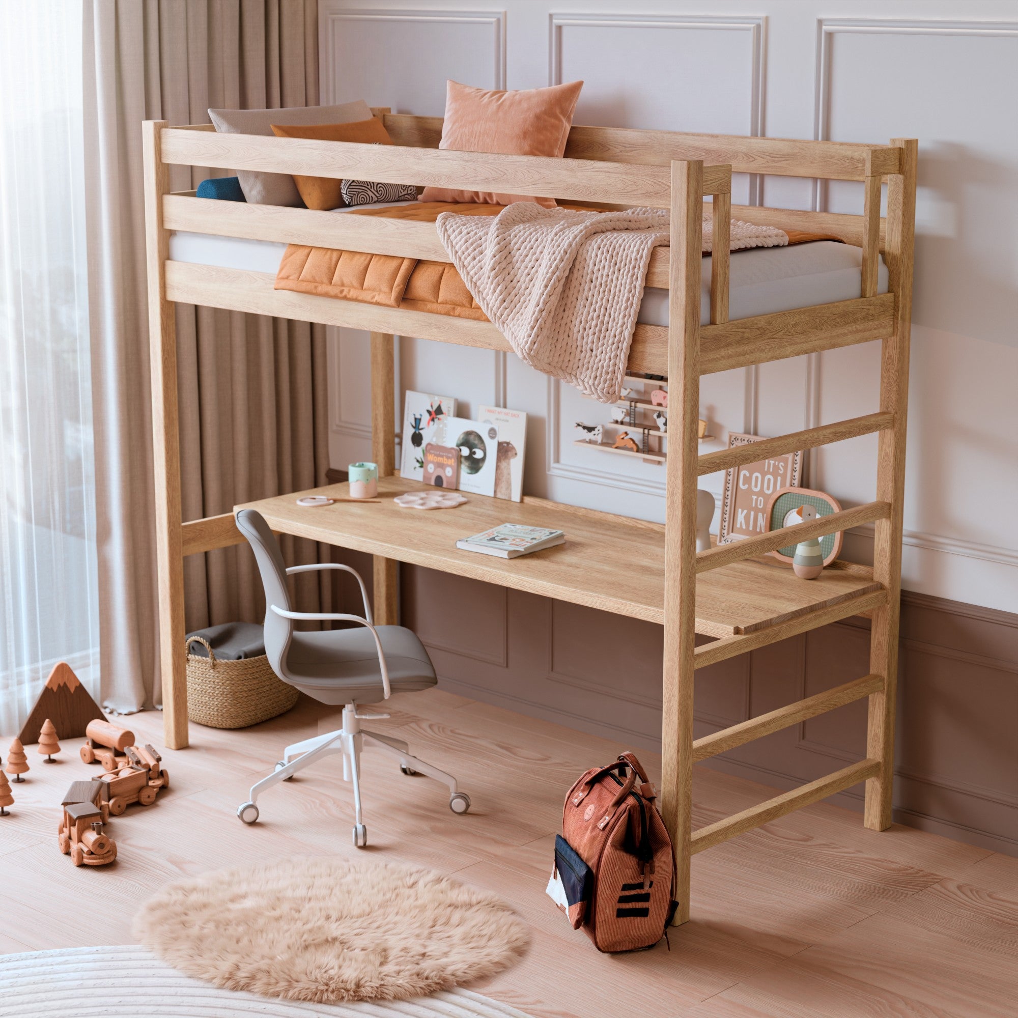 Letto a soppalco in rovere con scrivania N01 rovere naturale