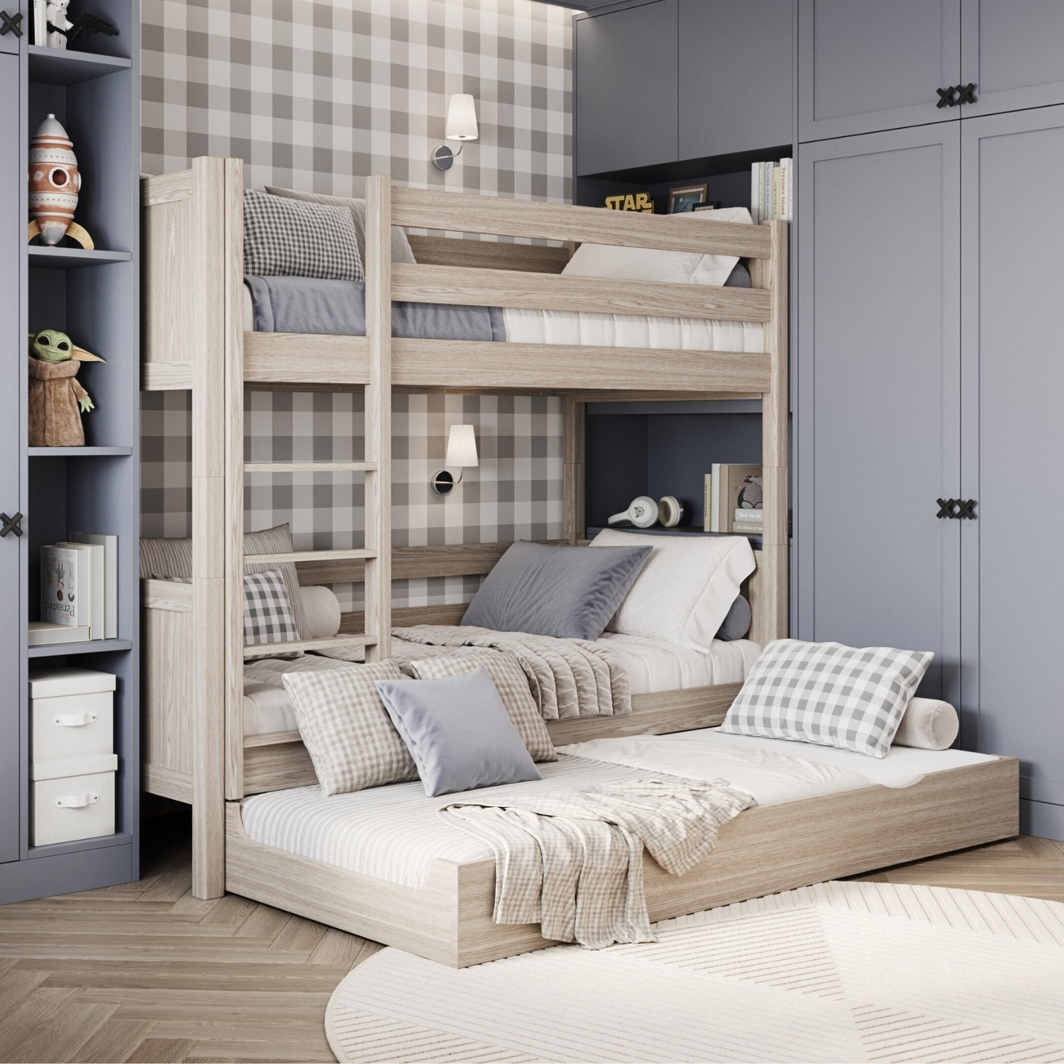 Letto a castello con cassetto per materasso in rovere sbiancata – stanza per bambini scandi