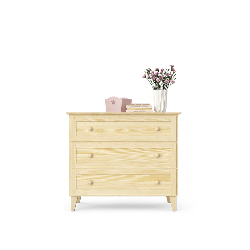 Cassettiera con 3 cassetti in pino trasparente 105 cm – della camera da lettoa, stile scandinavo