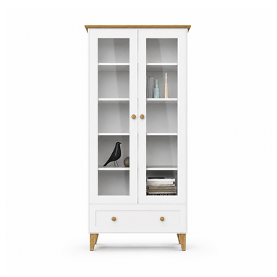 Holzvitrine 1S 90 Scandi weiß / natürliche Eiche