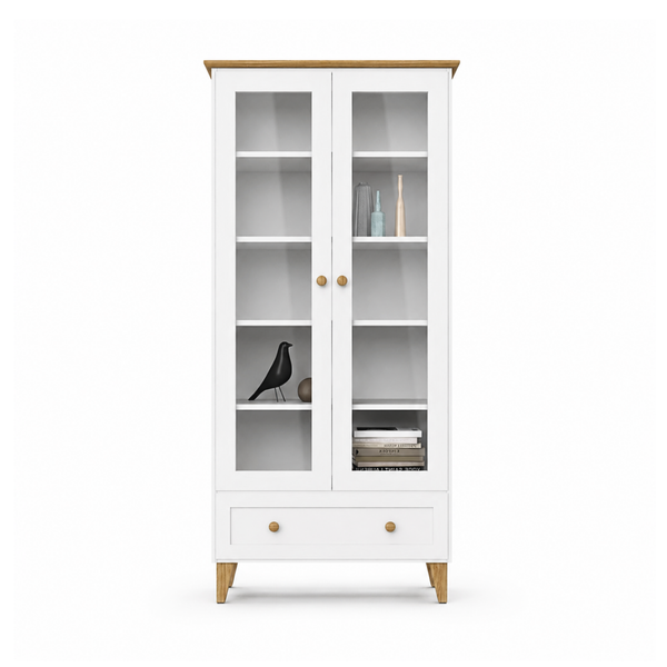 Holzvitrine 1S 90 Scandi weiß / natürliche Eiche